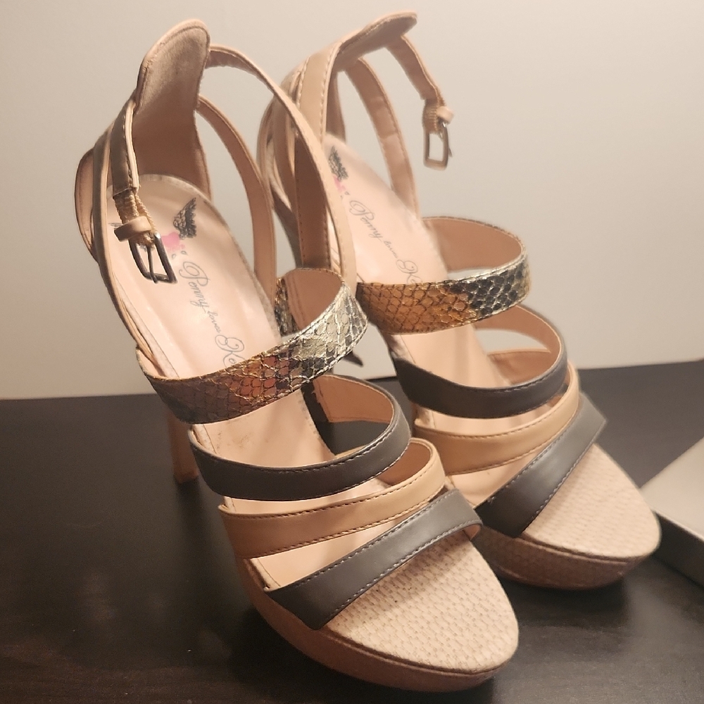 Penny Loves Kenny Snakeskin and Black Strappy Heels